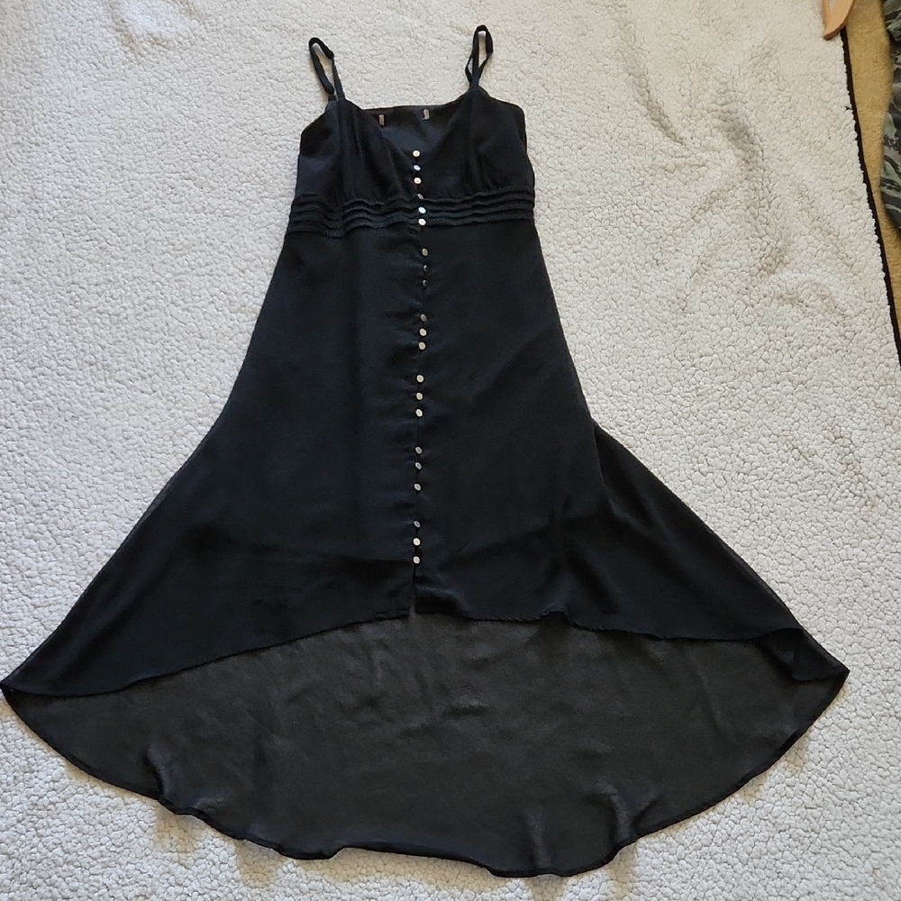 Black Slip Dress Camisole Straps High Low Hem silver tone buttons Pleated Waist - Picture 2 of 16